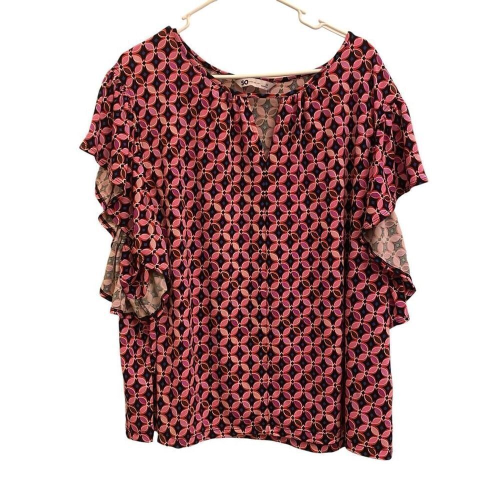 SOS Navy Blue and Pink Floral Flutter Sleeve‎ Top Sz 3X